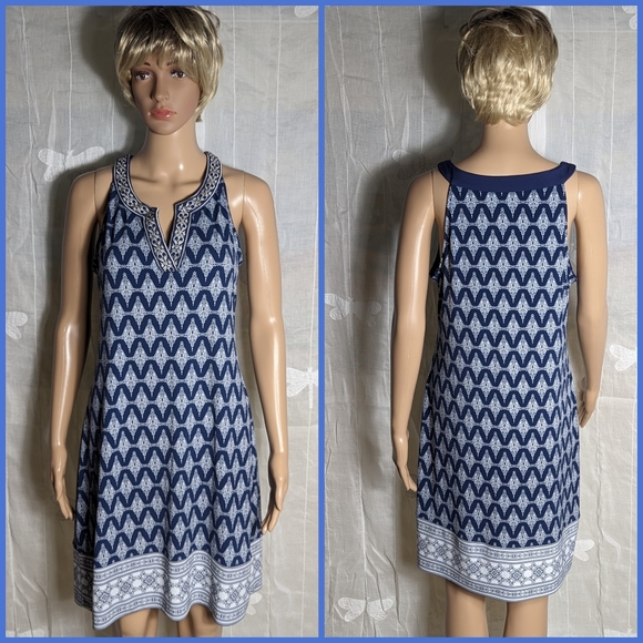 Magnolia Grace navy/white v neck pull on dress sz L Notched Neckline Stretch - Picture 3 of 5
